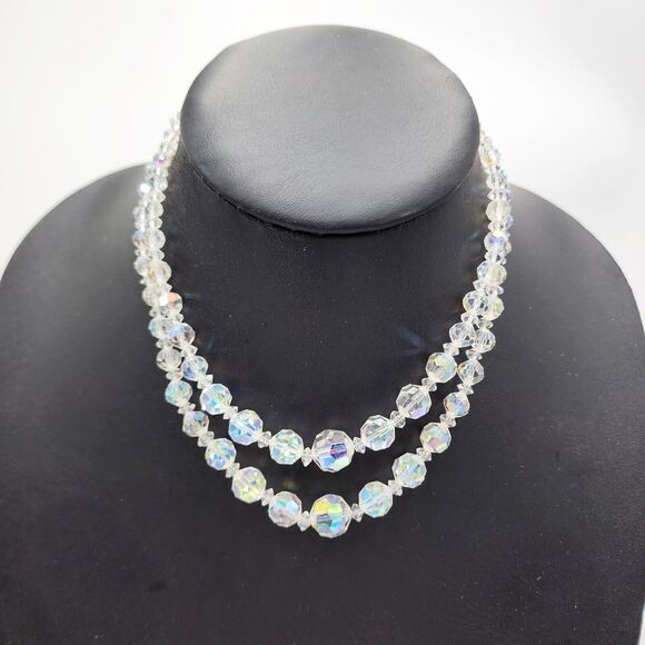 Vintage Clear AB Aurora Borealis Crystal Graduated Double Strand 14-16" Necklace - Picture 1 of 6